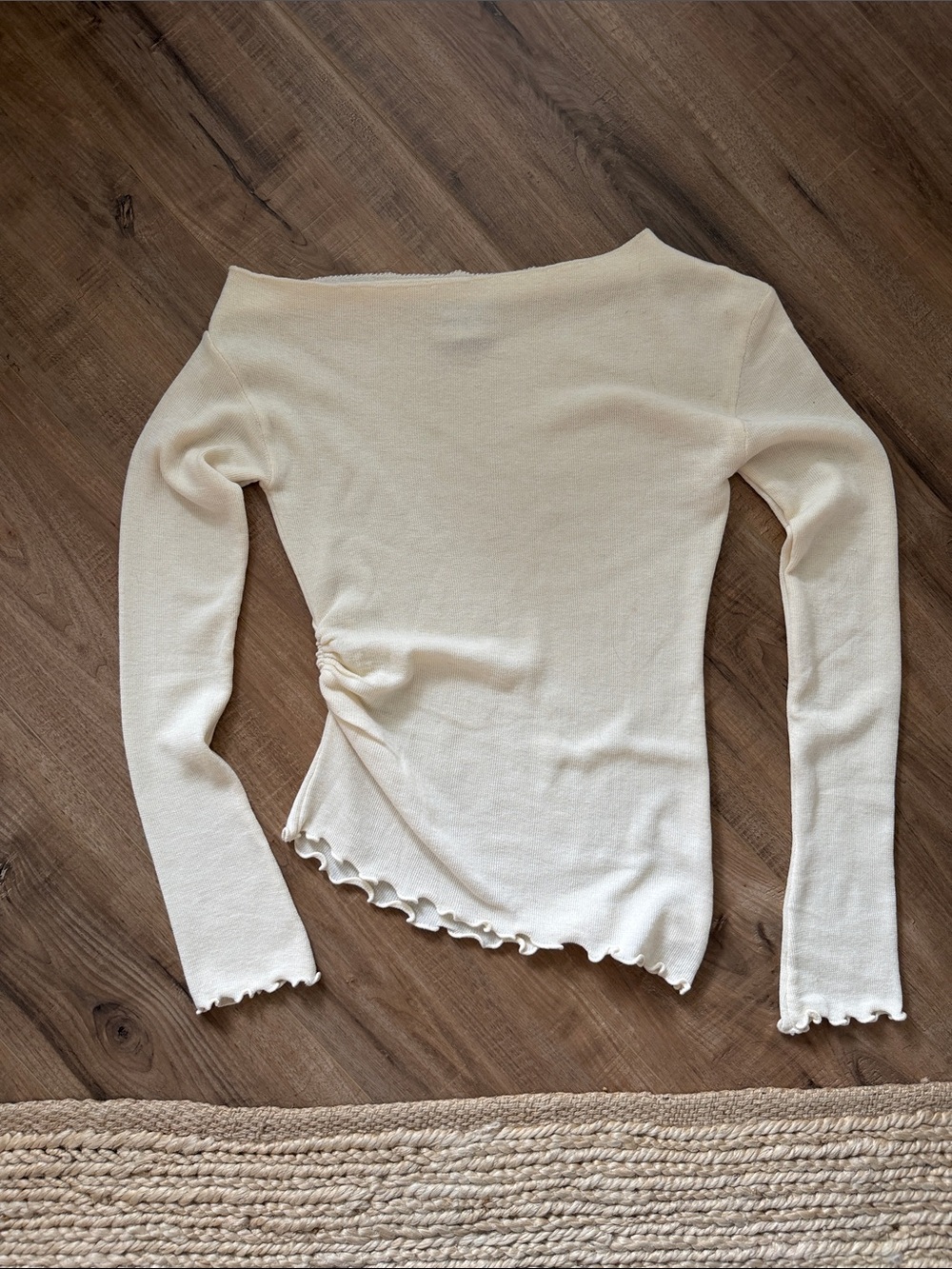 Peppermayo Cream Off-Shoulder Ruffle-Hem Long Sleeve Top